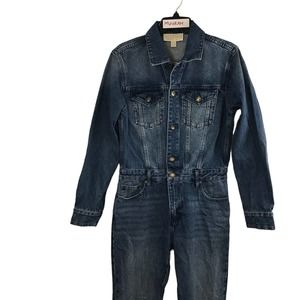 Michael Kors Womens Indigo Blue Denim Button-Front Long Jumpsuit Size S $255